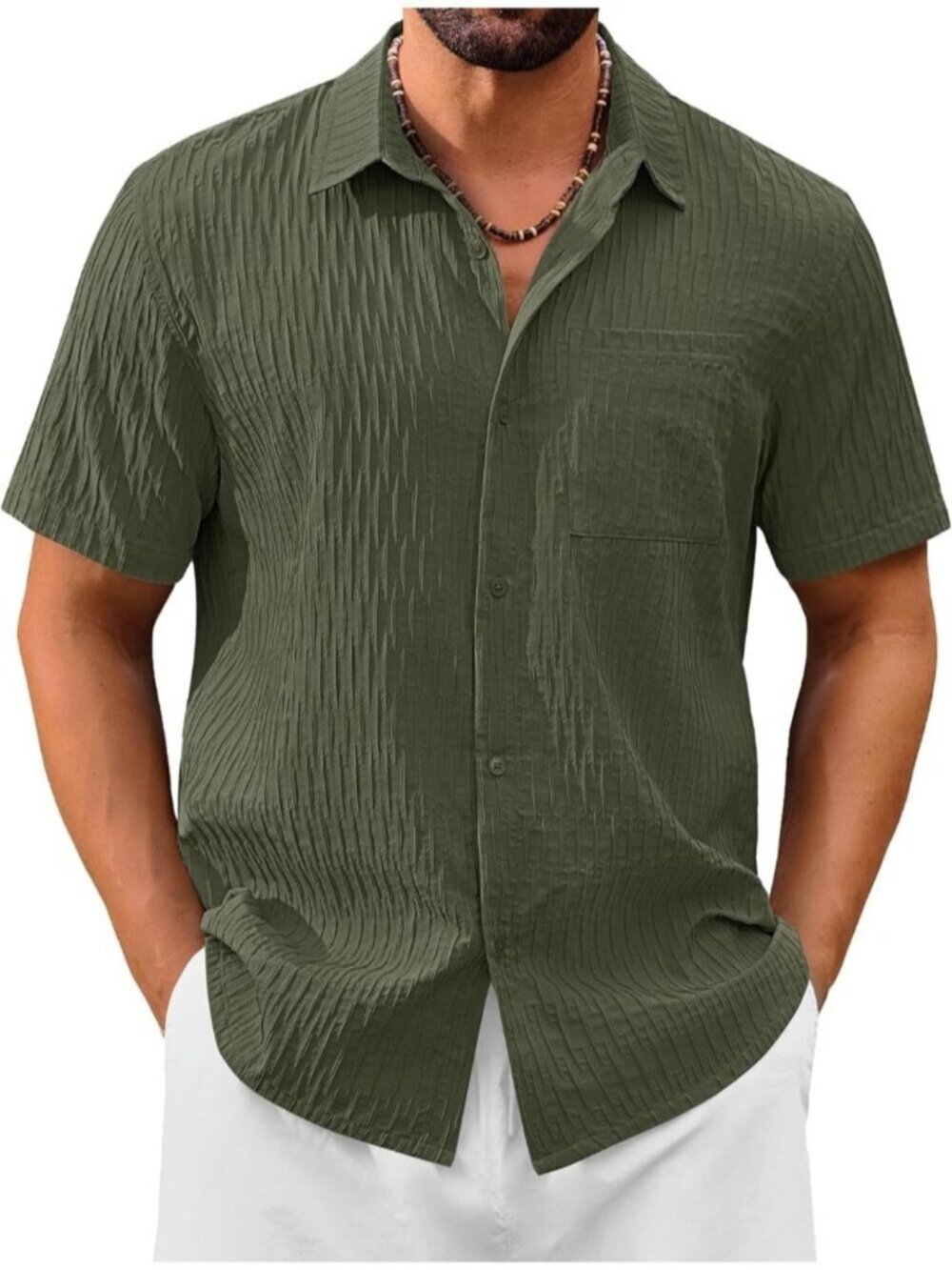 Men's Army Green Short Sleeve Casual Textured Polyester Button Down Shirts